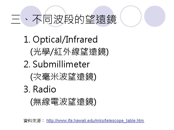 三、不同波段的望遠鏡 1. Optical/Infrared (光學/紅外線望遠鏡) 2. Submillimeter (次毫米波望遠鏡) 3. Radio (無線電波望遠鏡) 資料來源： http: //www. ifa.
