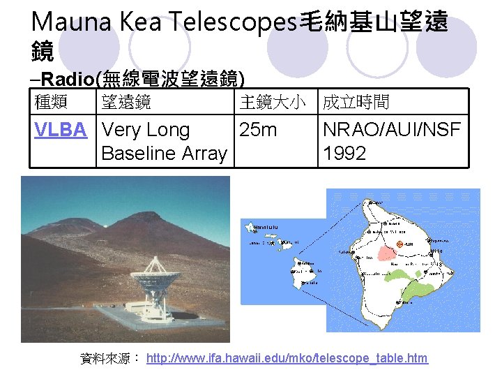 Mauna Kea Telescopes毛納基山望遠 鏡 –Radio(無線電波望遠鏡) 種類 望遠鏡 主鏡大小 VLBA Very Long 25 m Baseline