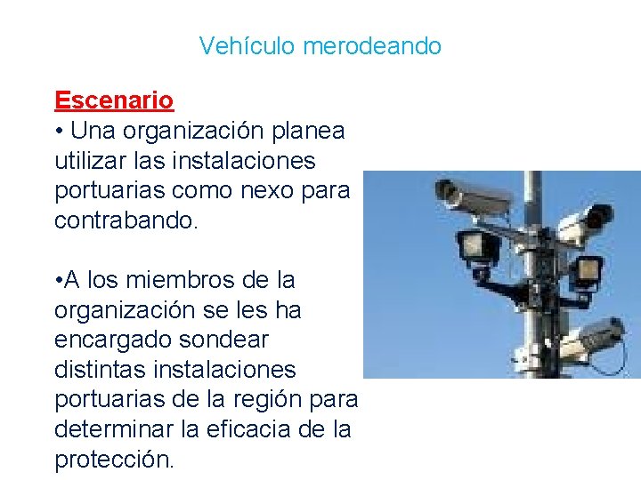 Vehículo merodeando Escenario • Una organización planea utilizar las instalaciones portuarias como nexo para