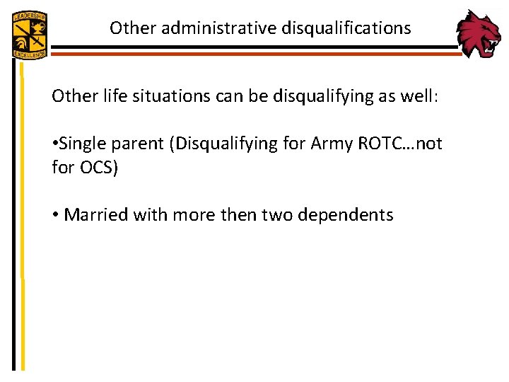 Other administrative disqualifications Other life situations can be disqualifying as well: • Single parent