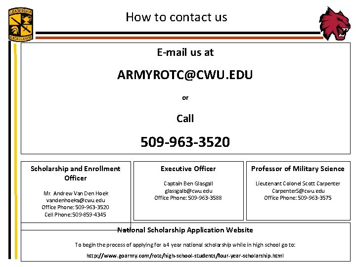 How to contact us E-mail us at ARMYROTC@CWU. EDU or Call 509 -963 -3520