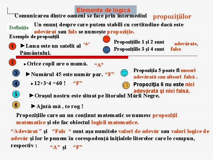 Elemente de logică Comunicarea dintre oameni se face prin intermediul propoziţiilor Un enunţ despre