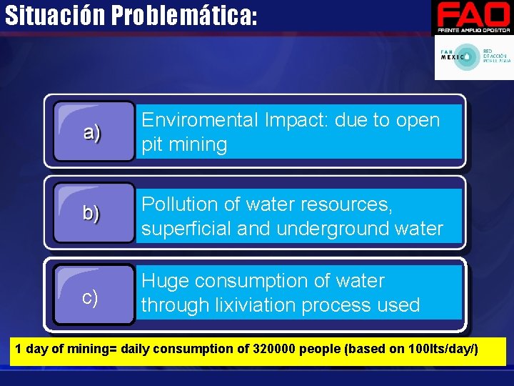 Situación Problemática: Enviromental Impact: due to open pit mining Pollution of water resources, superficial Situación Problemática: Enviromental Impact: due to open pit mining Pollution of water resources, superficial