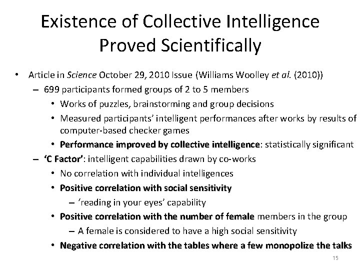 Existence of Collective Intelligence Proved Scientifically • Article in Science October 29, 2010 Issue