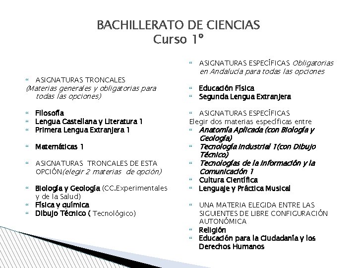 BACHILLERATO DE CIENCIAS Curso 1º ASIGNATURAS TRONCALES (Materias generales y obligatorias para todas las