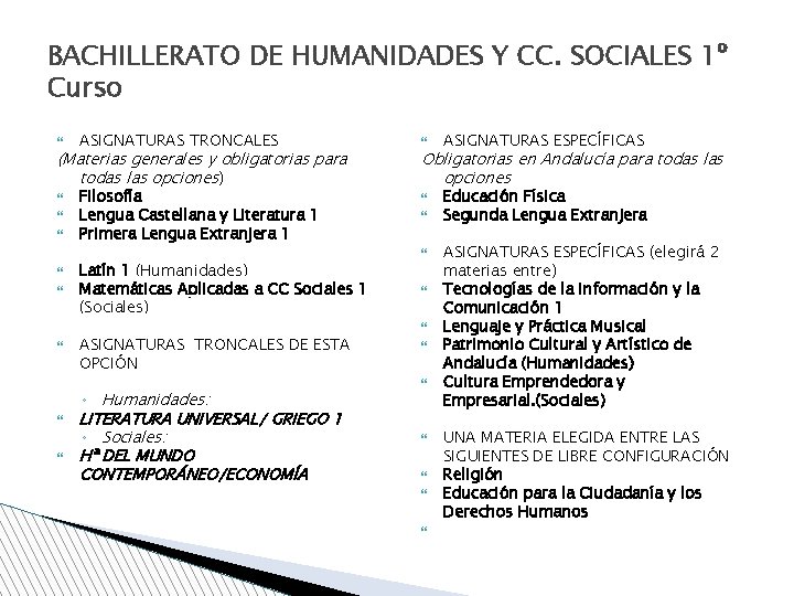 BACHILLERATO DE HUMANIDADES Y CC. SOCIALES 1º Curso ASIGNATURAS TRONCALES (Materias generales y obligatorias
