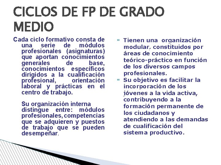 CICLOS DE FP DE GRADO MEDIO Cada ciclo formativo consta de una serie de