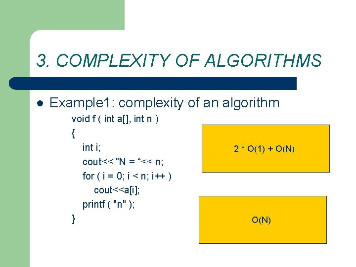 3. COMPLEXITY OF ALGORITHMS l Example 1: complexity of an algorithm void f (