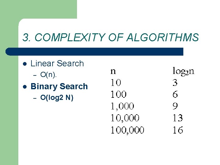 3. COMPLEXITY OF ALGORITHMS l Linear Search – l O(n). Binary Search – O(log