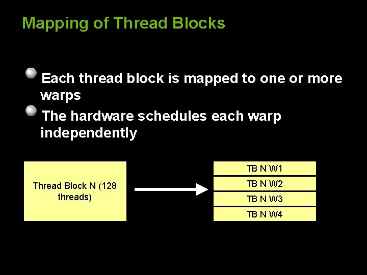 Mapping of Thread Blocks Each thread block is mapped to one or more warps