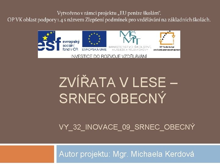 ZVÍŘATA V LESE – SRNEC OBECNÝ VY_32_INOVACE_09_SRNEC_OBECNÝ Autor projektu: Mgr. Michaela Kerdová 