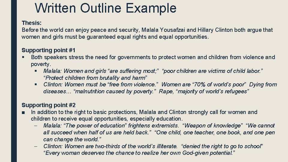Written Outline Example Thesis: Before the world can enjoy peace and security, Malala Yousafzai