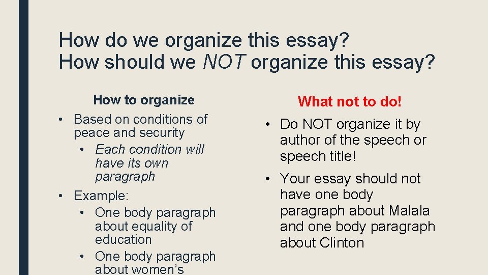 How do we organize this essay? How should we NOT organize this essay? How