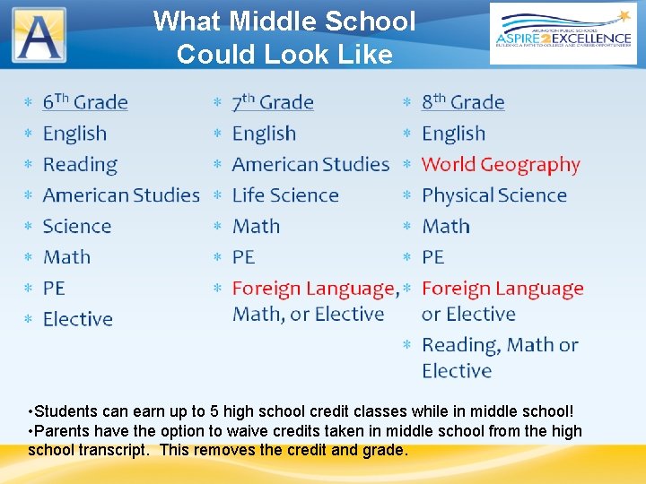 What Middle School Could Look Like • Students can earn up to 5 high