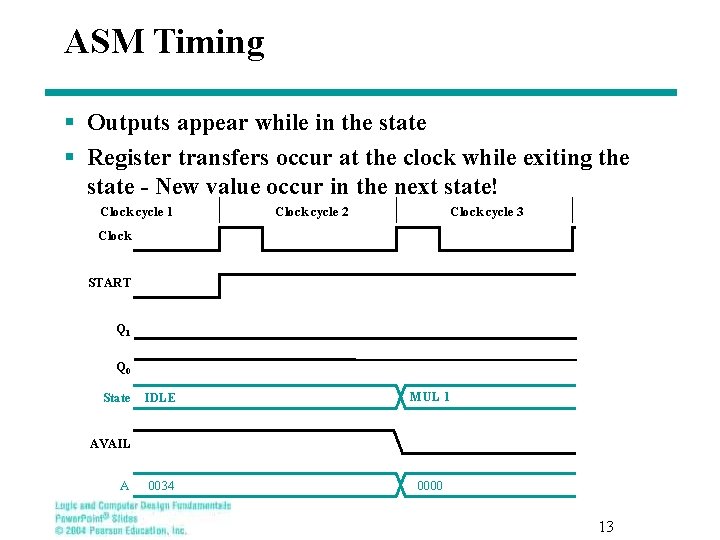 ASM Timing § Outputs appear while in the state § Register transfers occur at