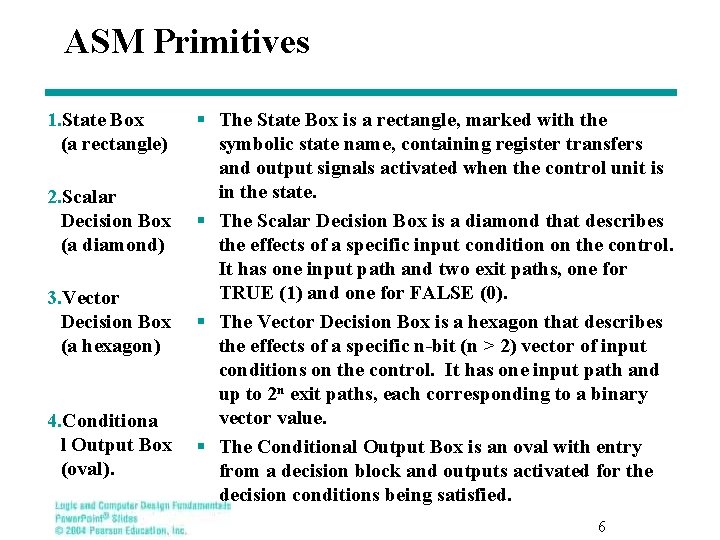 ASM Primitives 1. State Box (a rectangle) 2. Scalar Decision Box (a diamond) 3.