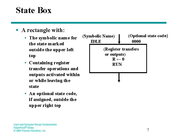 State Box § A rectangle with: (Optional state code) • The symbolic name for