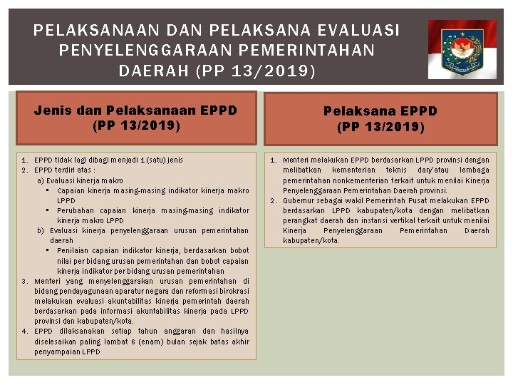 PELAKSANAAN DAN PELAKSANA EVALUASI PENYELENGGARAAN PEMERINTAHAN DAERAH (PP 13/2019) Jenis dan Pelaksanaan EPPD (PP