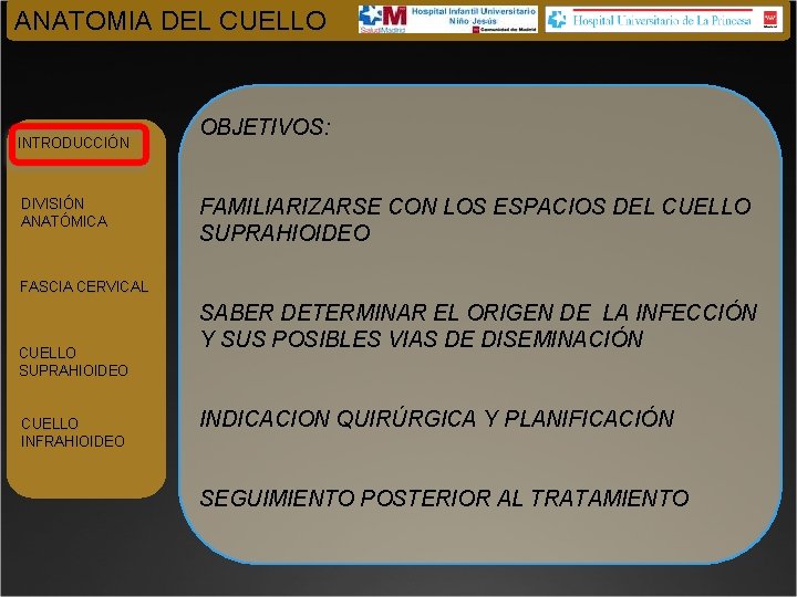 ANATOMIA DEL CUELLO INTRODUCCIÓN DIVISIÓN ANATÓMICA OBJETIVOS: FAMILIARIZARSE CON LOS ESPACIOS DEL CUELLO SUPRAHIOIDEO