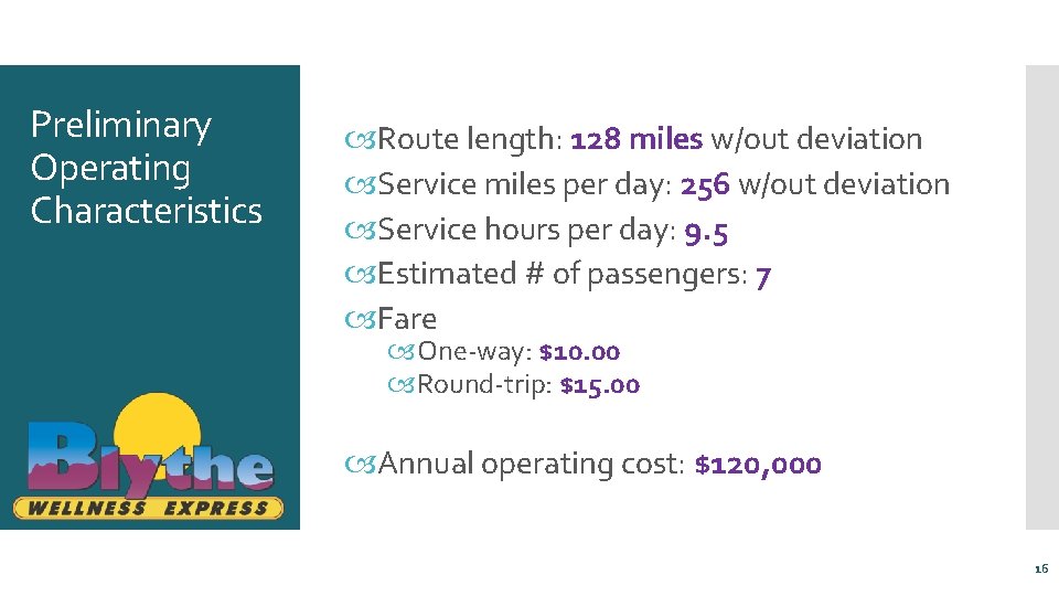 Preliminary Operating Characteristics Route length: 128 miles w/out deviation Service miles per day: 256