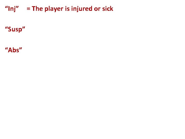 “Inj” “Susp” “Abs” = The player is injured or sick 