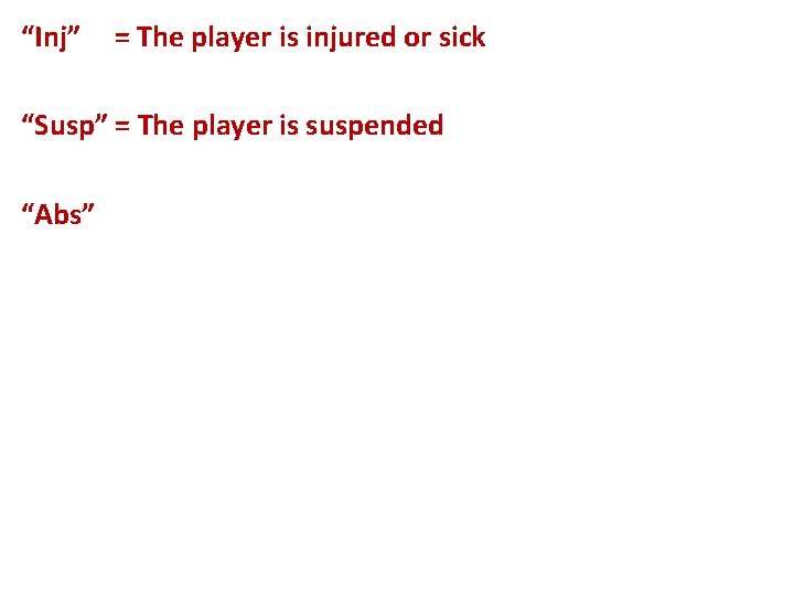 “Inj” = The player is injured or sick “Susp” = The player is suspended