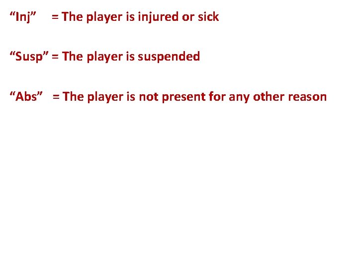 “Inj” = The player is injured or sick “Susp” = The player is suspended