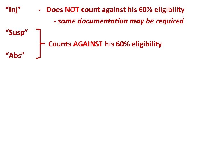 “Inj” - Does NOT count against his 60% eligibility - some documentation may be