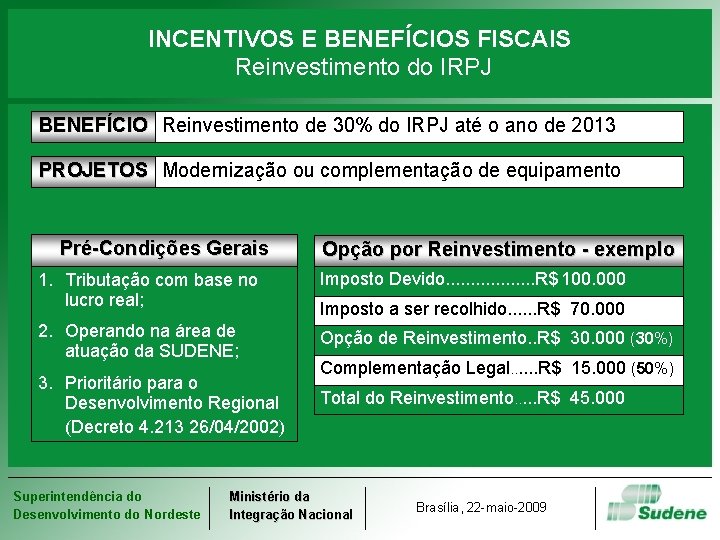 INCENTIVOS E BENEFÍCIOS FISCAIS Reinvestimento do IRPJ BENEFÍCIO Reinvestimento de 30% do IRPJ até
