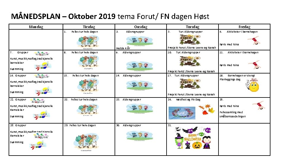 MÅNEDSPLAN – Oktober 2019 tema Forut/ FN dagen Høst Mandag Tirsdag 1. Felles tur