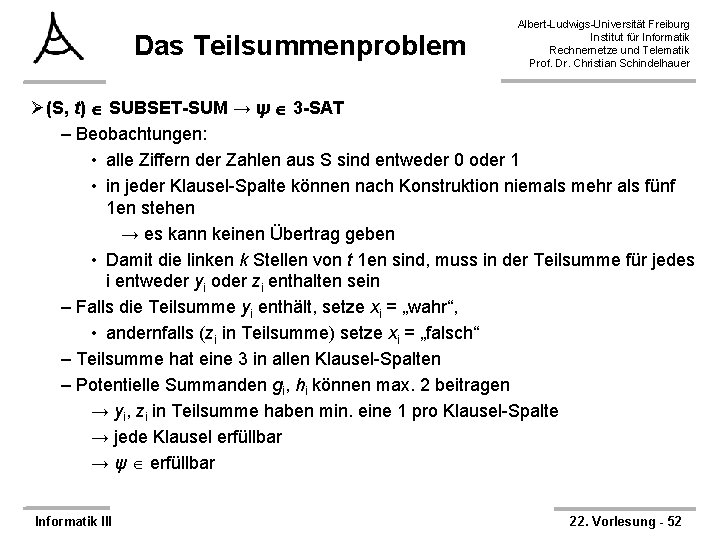 Das Teilsummenproblem Albert-Ludwigs-Universität Freiburg Institut für Informatik Rechnernetze und Telematik Prof. Dr. Christian Schindelhauer