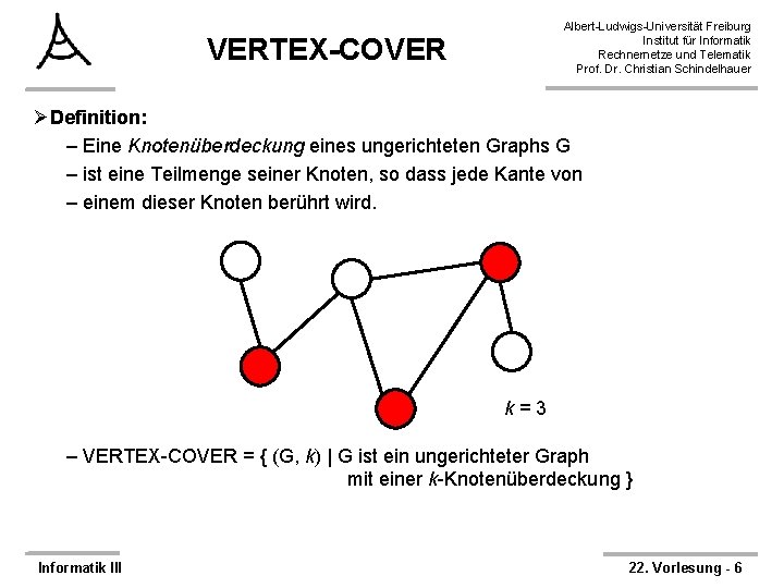 Albert-Ludwigs-Universität Freiburg Institut für Informatik Rechnernetze und Telematik Prof. Dr. Christian Schindelhauer VERTEX-COVER ØDefinition: