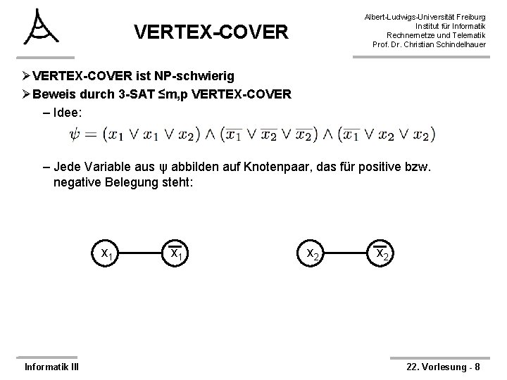 Albert-Ludwigs-Universität Freiburg Institut für Informatik Rechnernetze und Telematik Prof. Dr. Christian Schindelhauer VERTEX-COVER ØVERTEX-COVER