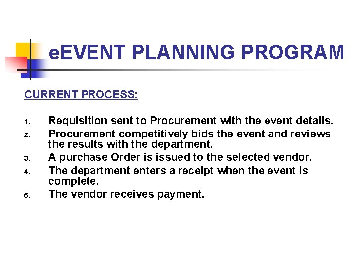 e. EVENT PLANNING PROGRAM CURRENT PROCESS: 1. 2. 3. 4. 5. Requisition sent to