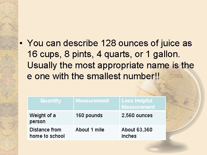  • You can describe 128 ounces of juice as 16 cups, 8 pints,