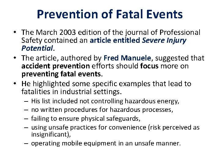 Prevention of Fatal Events • The March 2003 edition of the journal of Professional Prevention of Fatal Events • The March 2003 edition of the journal of Professional