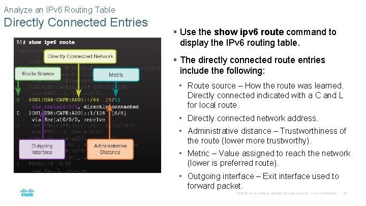 Analyze an IPv 6 Routing Table Directly Connected Entries § Use the show ipv