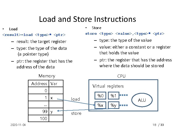 Load and Store Instructions • • Load Store store <type> <value>, <type>* <ptr> <result>=load