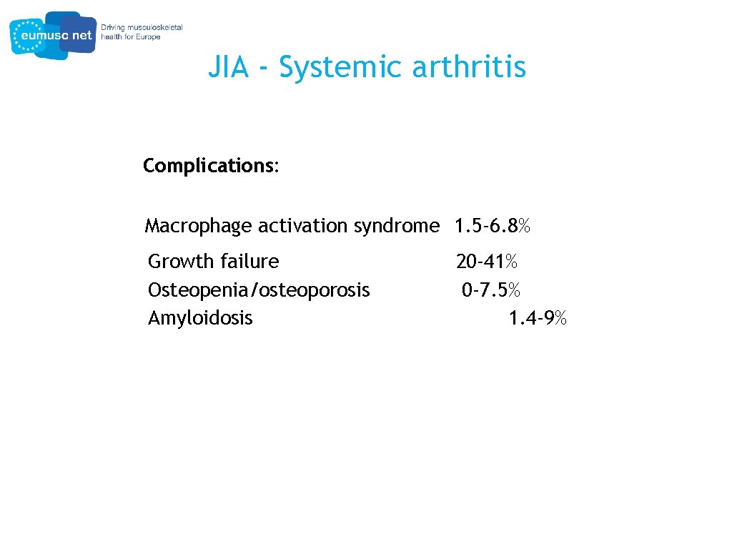 JIA - Systemic arthritis Complications: Macrophage activation syndrome 1. 5 -6. 8% Growth failure