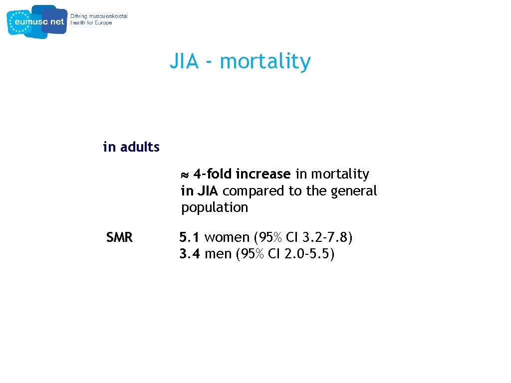 JIA - mortality in adults 4 -fold increase in mortality in JIA compared to