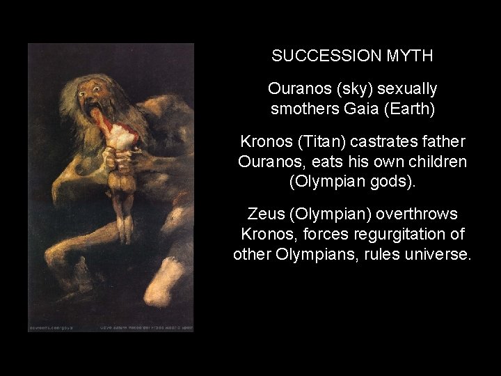 SUCCESSION MYTH Ouranos (sky) sexually smothers Gaia (Earth) Kronos (Titan) castrates father Ouranos, eats SUCCESSION MYTH Ouranos (sky) sexually smothers Gaia (Earth) Kronos (Titan) castrates father Ouranos, eats
