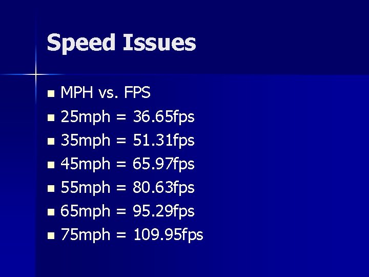Speed Issues MPH vs. FPS n 25 mph = 36. 65 fps n 35