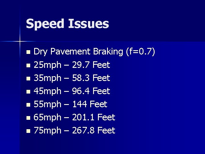 Speed Issues Dry Pavement Braking (f=0. 7) n 25 mph – 29. 7 Feet