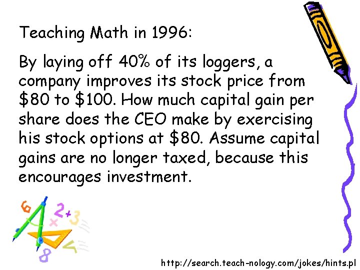 Teaching Math in 1996: By laying off 40% of its loggers, a company improves