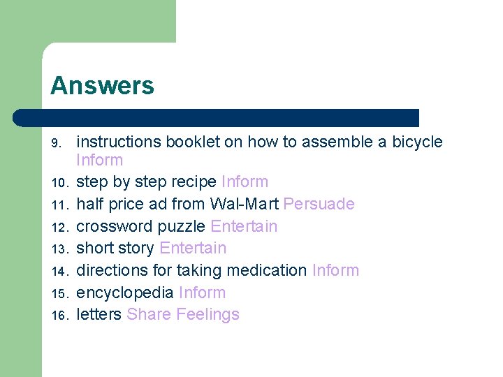 Answers 9. 10. 11. 12. 13. 14. 15. 16. instructions booklet on how to