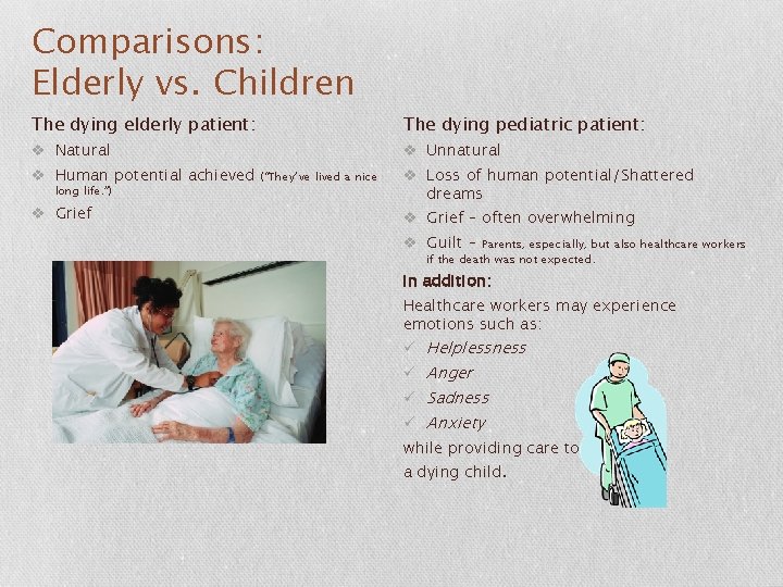 Comparisons: Elderly vs. Children The dying elderly patient: The dying pediatric patient: v Natural
