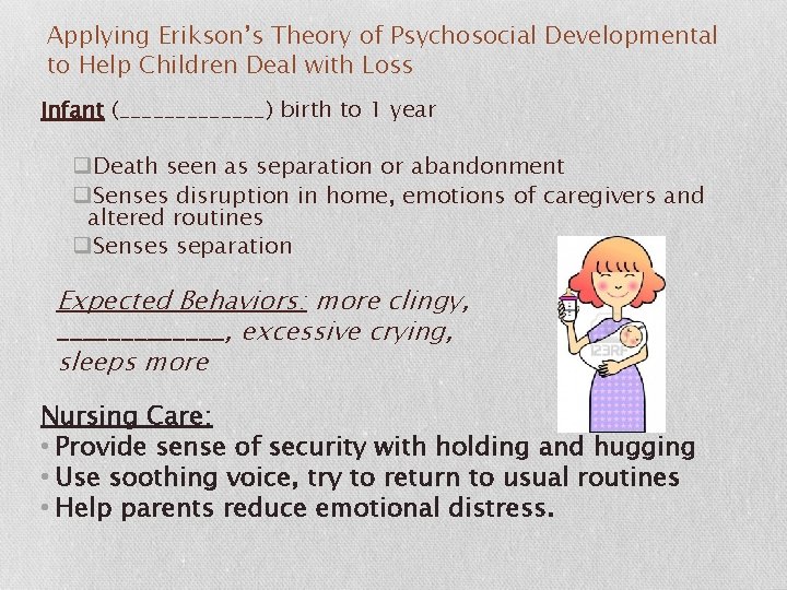 Applying Erikson’s Theory of Psychosocial Developmental to Help Children Deal with Loss Infant (_______)