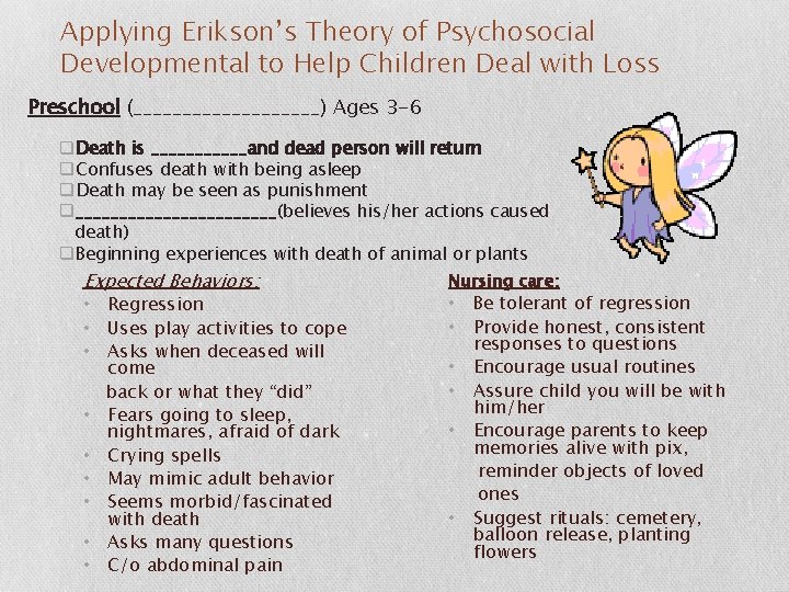 Applying Erikson’s Theory of Psychosocial Developmental to Help Children Deal with Loss Preschool (__________)