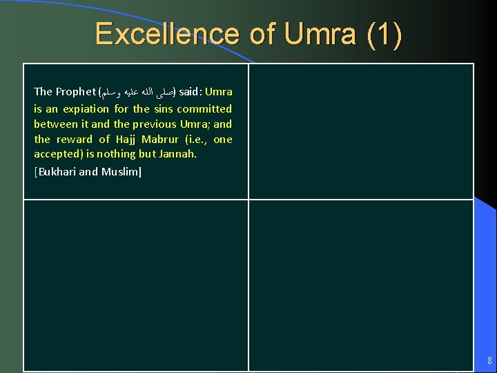 Excellence of Umra (1) The Prophet ( )ﺻﻠﻰ ﺍﻟﻠﻪ ﻋﻠﻴﻪ ﻭﺳﻠﻢ said: Umra is