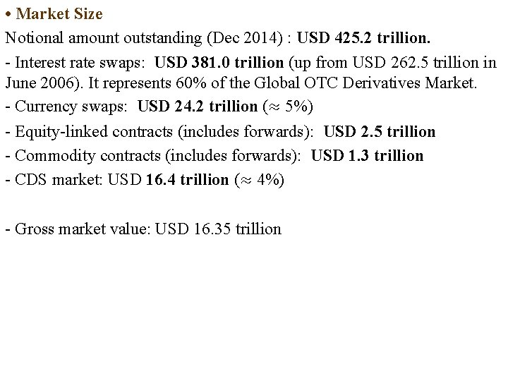  • Market Size Notional amount outstanding (Dec 2014) : USD 425. 2 trillion.